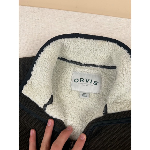 Orvis Mens L Brown Textured Quarter Zip Pullover Sherpa Lined Fleece Jacket - Picture 7 of 9